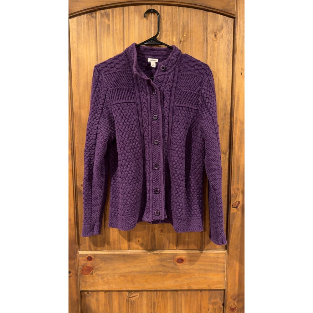 L.L. Bean Cardigan Womens Large Petite Purple Excellent Mixed Cable Knit Button